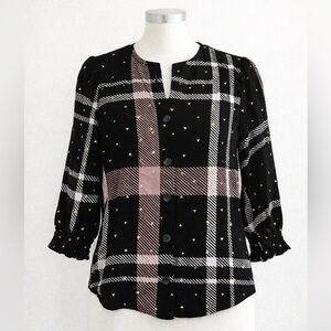 Harve Benard Plaid Button Front Blouse Gold Foil Print Small NWT